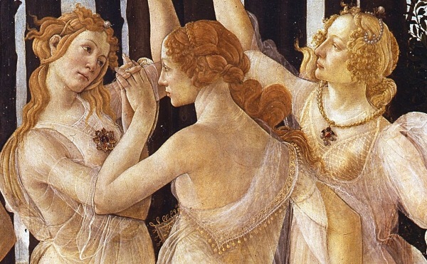 Detail of the three Graces, tempera panel by Sandro Botticelli. Marina's muses are inspired by artists models, individually hand made using fine cotton lawns and silks.