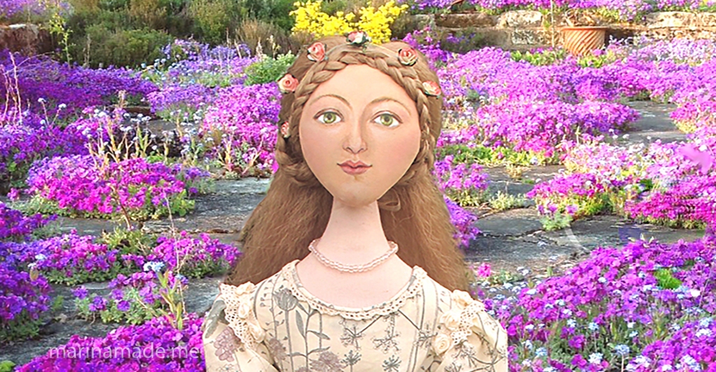 Primavera muse doll inspired by Botticelli's paintings of Simonetta Vespucci. Marina's muses are inspired by artists models, individually hand made using fine cotton lawns and silks. Art Muses, art-dolls inspired by artist's paintings, by Marina Elphick.