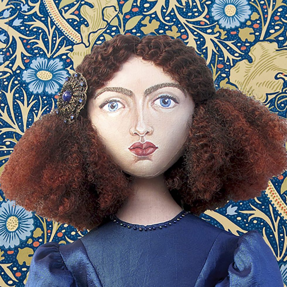 Jane Morris muse, favoured by Rossetti, hand sewn art doll, stitched and painted by Marina Elphick, UK artist.