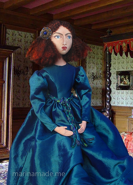 Jane Morris muse, hand made by Marina Elphick, Rossetti inspired hand sewn art muse stitched and painted by Marina Elphick