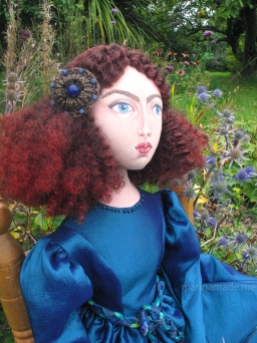 Jane Morris muse, favoured by Rossetti, hand sewn art muse, stitched and painted by Marina Elphick, UK artist.
