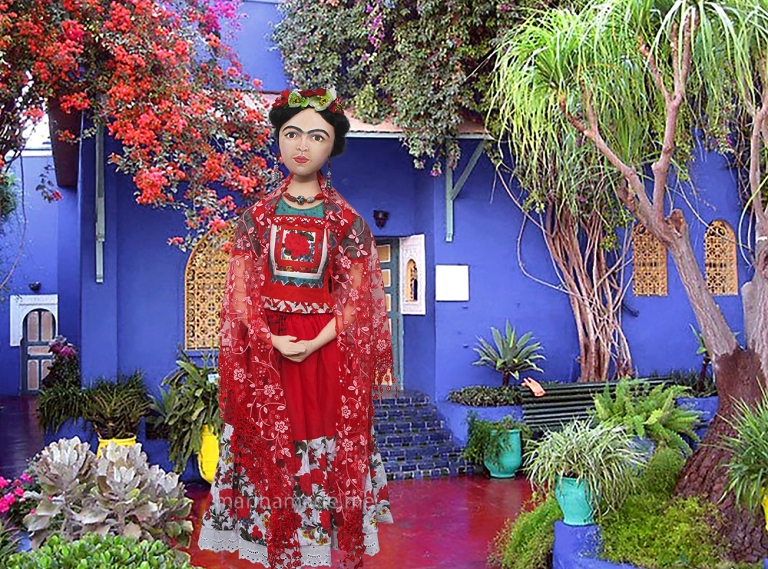 Muse of Frida Kahlo outside her house. Frida Kahlo, one of Marina's Muses, soft sculpted icon of art.