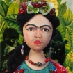 Frida Kahlo muse by Marina Elphick, set against detail from Kahlo's "self portrait with necklace of thorns".