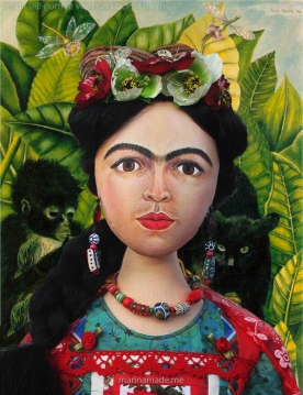 Frida Kahlo muse by Marina Elphick, set against detail from Kahlo's "self portrait with necklace of thorns".