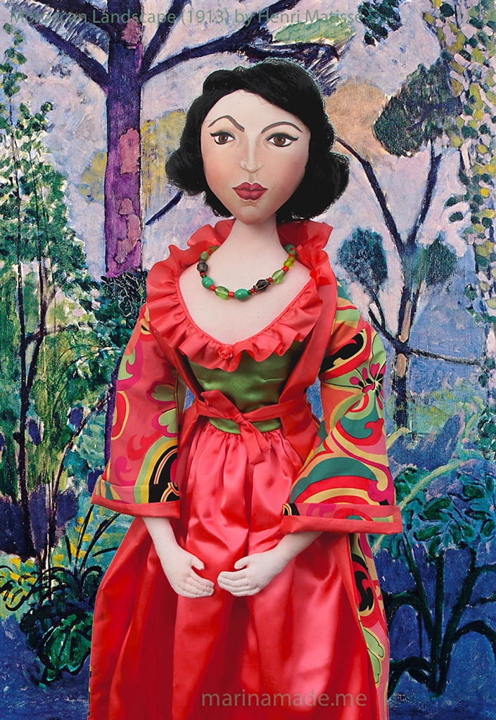 Matisse muse Lydia set in " Moroccan Landscape" 1913, a painting by Henri Matisse. Art muse doll hand made by Marina Elphick.