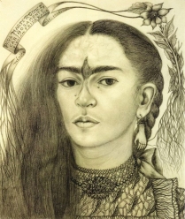 Self portrait dedicated to Marte R Gomez 1946, pencil on paper, Frida Kahlo.