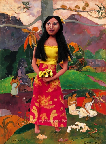 Gauguin's muse Teha'amana with his painting Mata Mua.
