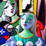 Marie-Thérèse , seated in front of Picasso's painting of her. Art Muses individually hand made by Marina Elphick. Picasso's muse and lover, Marie-Thérèse.