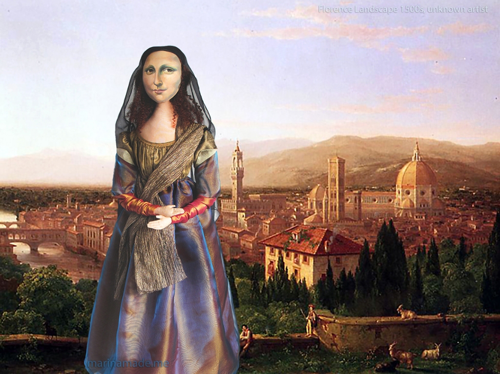 Mona Lisa muse overlooking Florence,1500s. She is standing in a rural area outside the city which would 70 years later become the famous Boboli Gardens.La Gioconda, La Joconde, Lisa Gherardini, or as we all know her, Mona Lisa. Mona Lisa muse sculpted in textiles by Marina Elphick.