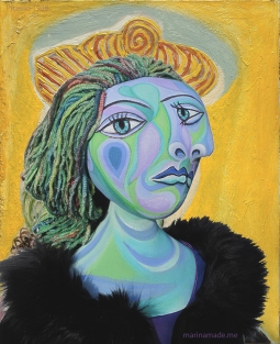 Dora Maar muse, designed and sculpted in textiles by artist, Marina Elphick, inspired by the paintings of Picasso.Dora Maar, muse and lover of Picasso.