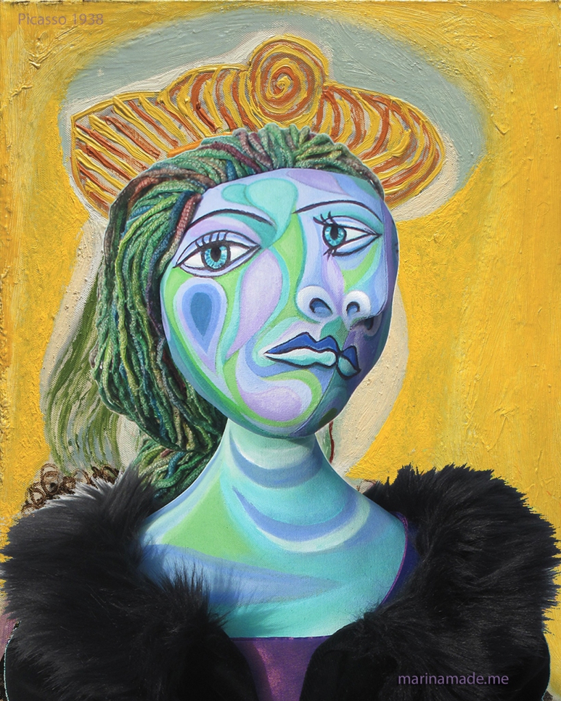 Dora Maar muse, designed and sculpted in textiles by artist, Marina Elphick, inspired by the paintings of Picasso. Dora Maar, Picasso's muse and lover, was a talented photographer and artist herself.