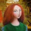 Lizzie Siddal muse as Beata-Beatrix, based on Rossetti's famous painting of Elizabeth Siddal. The painting was completed after her death. Muse, designed and sculpted in textiles by artist, Marina Elphick.
