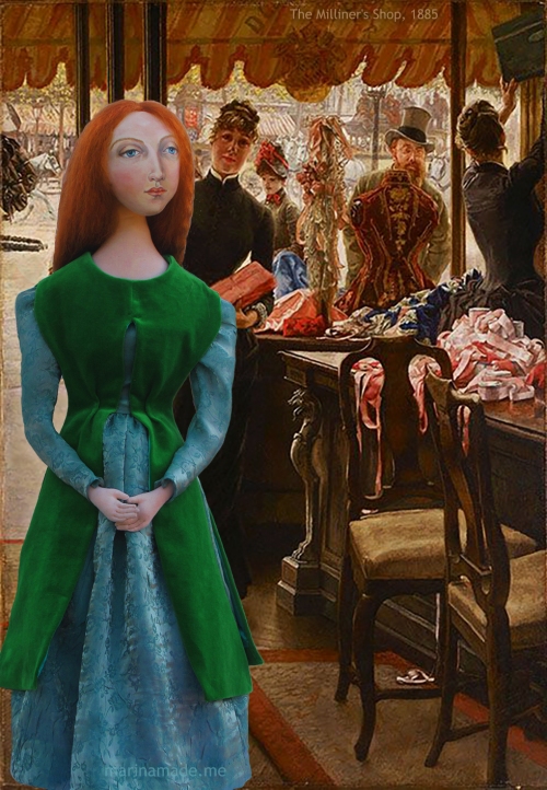 Lizzie, imagined in the milliner's shop where she worked. Muse of Lizzie designed and sculpted in textiles by artist, Marina Elphick.