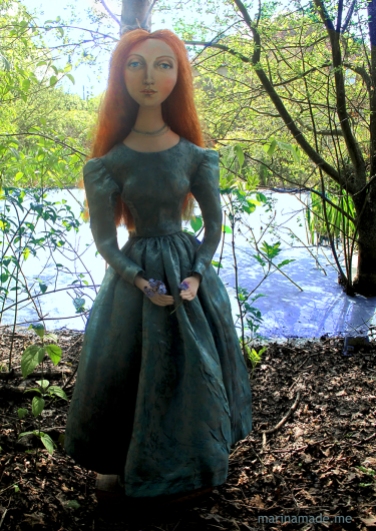 Ophelia imagined in her last moments alive before entering the water. Lizzie muse designed and sculpted in textiles by artist, Marina Elphick.