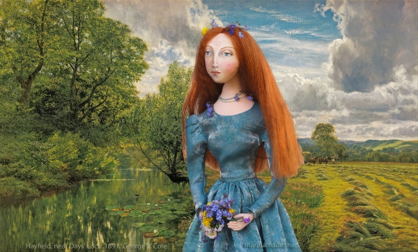 Lizzie muse as Ophelia, on her walk to the river. Muse of Lizzie designed and sculpted in textiles by artist, Marina Elphick.