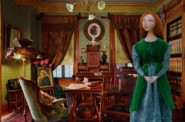 Lizzie in an imagined setting at her home. Muse of Lizzie by Marina. of Lizzie designed and sculpted in textiles by artist, Marina Elphick.