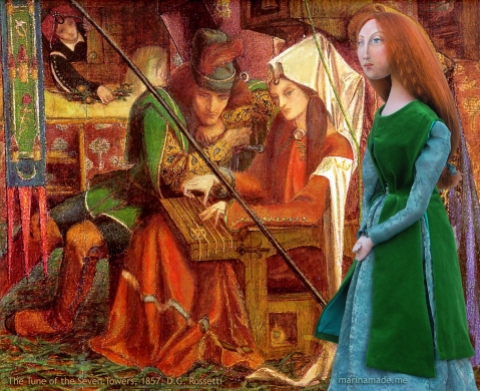 Lizzie in Rossetti's, 'The Tune of the Seven Towers' 1857. Pre- Raphaelite Muse of Lizzie designed and sculpted in textiles by artist, Marina Elphick.