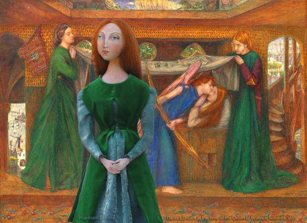 Lizzie muse in Dante's Dream at the Time of the Death of Beatrice, 1856. Muse of Lizzie designed and sculpted in textiles by artist, Marina Elphick. Pre- Raphaelite Muses by Marina.