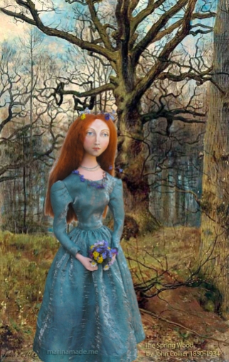 Lizzie muse in "The Spring Wood", by John Collier. Muse of Lizzie designed and sculpted in textiles by artist, Marina Elphick.