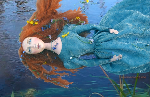 Imaginary depiction of Ophelia's drowning, Marina's muse of Lizzie Siddal. Pre- Raphaelite Muse, Lizzie as muse designed and sculpted in textiles by artist, Marina Elphick.