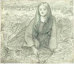 Lizzie in grass, sketch by Rossetti, unknown date.