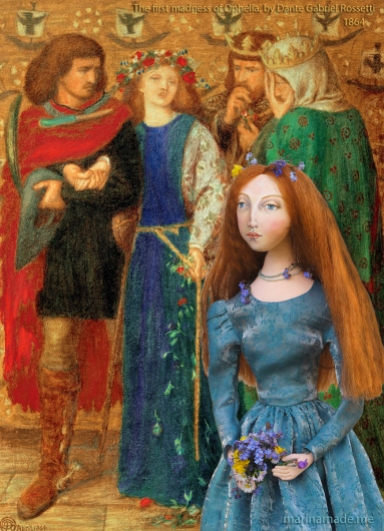 Lizzie with 'The first madness of Ophelia' by Dante Gabriel Rossetti, 1864. Lizzie muse designed and sculpted in textiles by artist, Marina Elphick.
