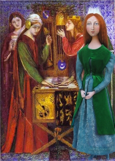 Pre- Raphaelite Muse, Lizzie with the Ladies of The Blue Closet, Rossetti 1856. Lizzie muse designed and sculpted in textiles by artist, Marina Elphick.