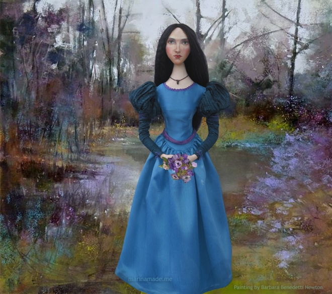 Waterhouse muse in wooded Landscape, a painting by Barbara Benedetti Newton. Muse created by Marina Elphick for Marina's muses, inspired by the paintings of J.W.Waterhouse.