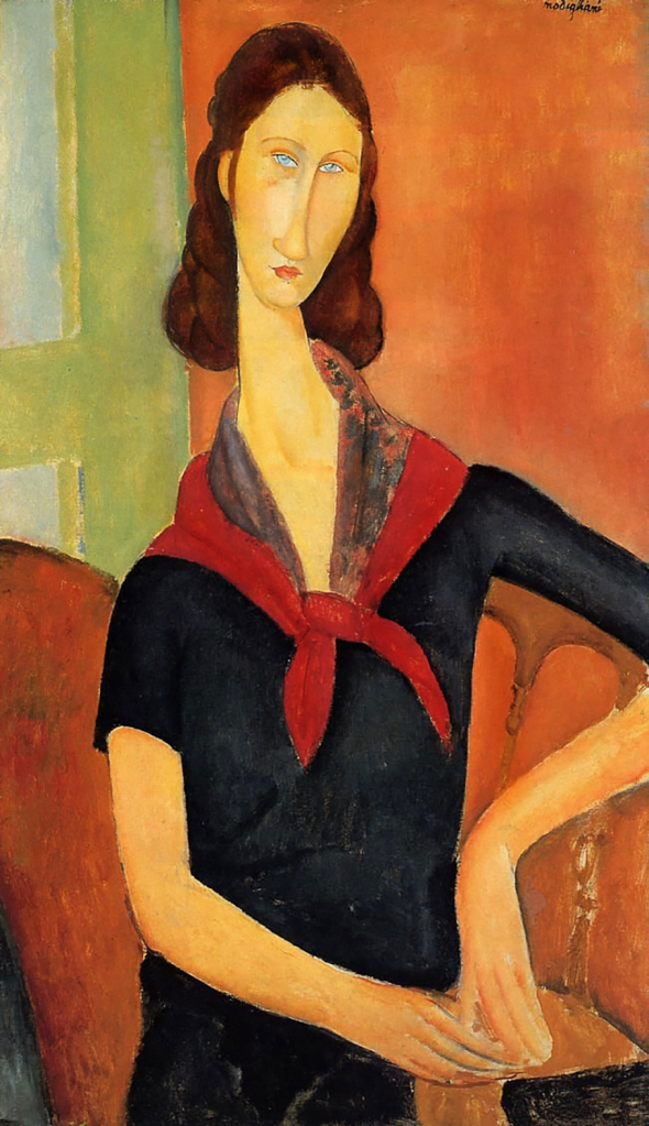 Jeanne Hebuterne with Red Scarf, Amedeo Modigliani , 1919. Jeanne Hébuterne was Modigliani's muse and lover, dying tragically young at 21. Jeanne was a talented artist in her own right, yet her life was too short for her creativity to mature.
