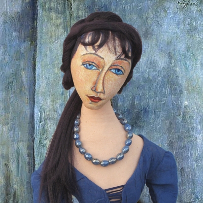 Jeanne muse as 'Woman with Blue Eyes' by Amedeo Modigliani. Muse made by Marina Elphick. Jeanne Hébuterne was Modigliani's muse and lover, dying tragically young at 21.