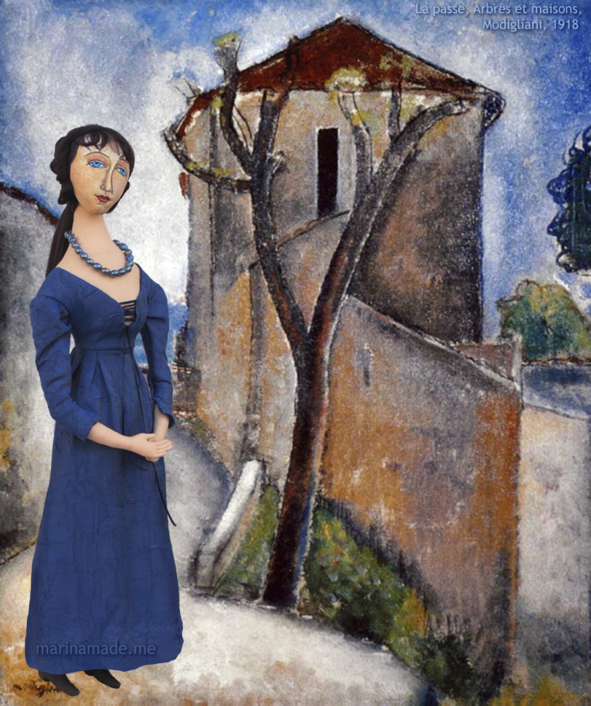 Jeanne muse set in "La passe, Arbres et maisons", Modigliani, 1918. Jeanne Hébuterne was Modigliani's muse and lover, dying tragically young at 21. Jeanne was a talented artist in her own right, yet her life was too short for her creativity to mature. Muse made by Marina Elphick.