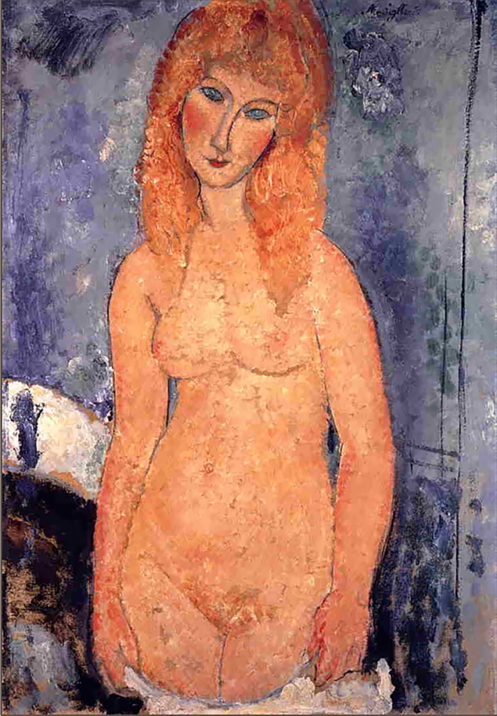 "Blonde nude standing with dropped chemise" by Amedeo Modigliani.