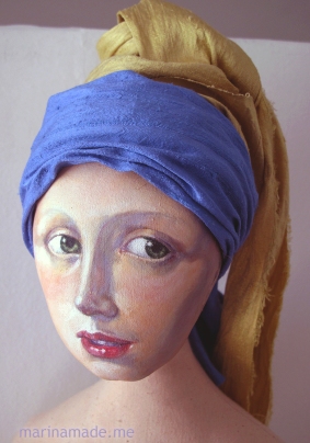 Early stages of painting muse's face and experimenting with silk scarf to make her turban. Marina creates soft sculpted muses of the women in popular artists' lives and gives us an alternative narrative to their story. Marina's muses aim to educate and inform, appealing aesthetically to art lovers and students.