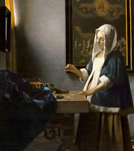Woman Holding a Balance, painted by Johannes Vermeer, Circa 1664.