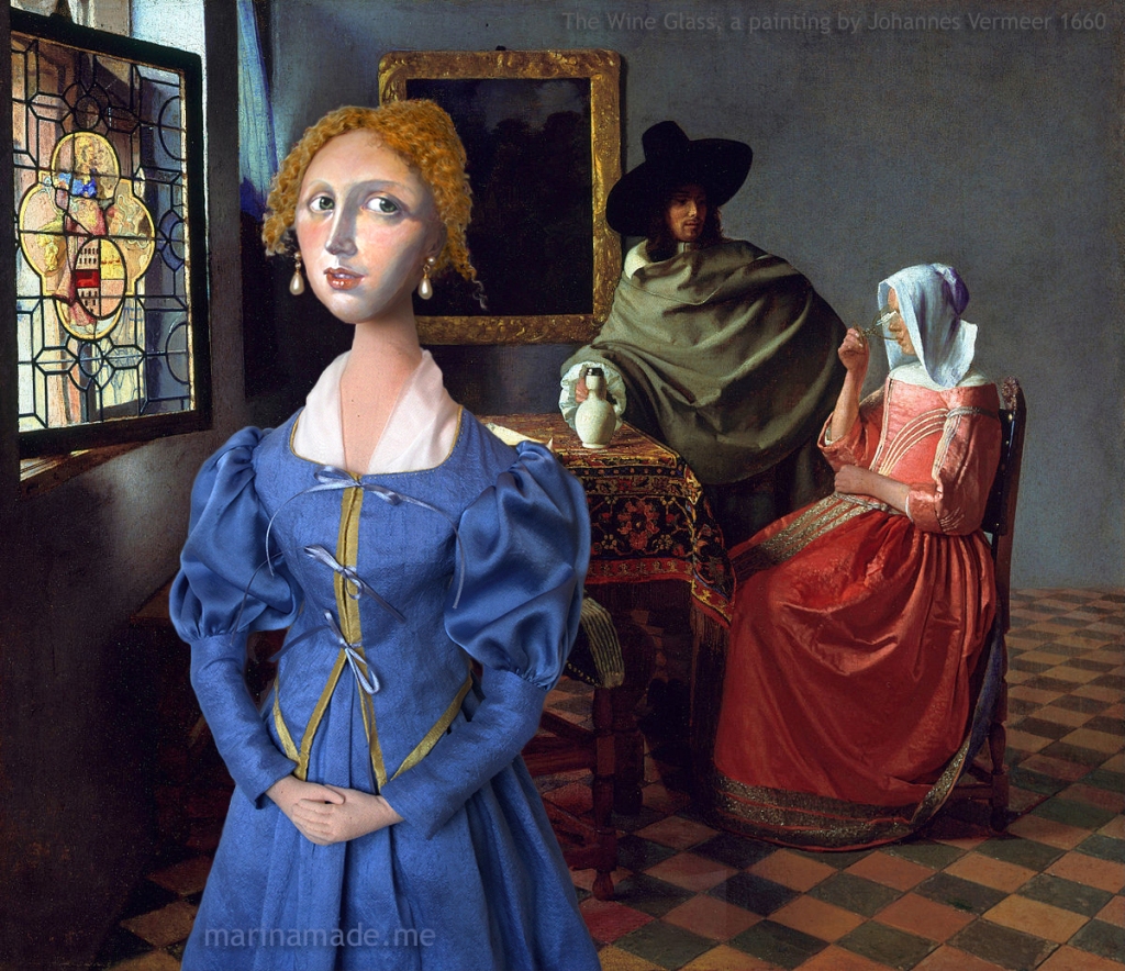 Maria Vermeer muse with the painting by her father 'The Glass Of Wine', (1658-60) by Johannes Vermeer. Marina Elphick creates soft sculpted muses of the women in popular artists' lives and gives us an alternative narrative to their story. Marina's muses aim to educate and inform, appealing aesthetically to art lovers and students.