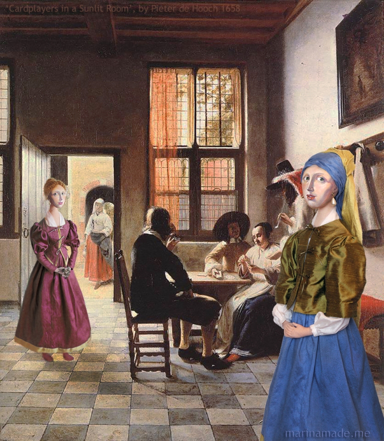 Muses in Dutch interior, a painting by Pieter de Hooch, a fellow Delft artist and contemporary. 'Cardplayers in a Sunlit Room', 1658. Marina creates soft sculpted muses of the women in popular artists' lives and gives us an alternative narrative to their story. Marina's muses aim to educate and inform, appealing aesthetically to art lovers and students.