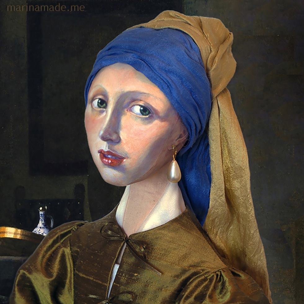 Marina's muse of 'Girl with a Pearl earring' set in Vermeer's painting of "Girl interrupted at her music". Marina creates soft sculpted muses of the women in popular artists' lives, giving an alternative narrative to their story. Marina's muses aim to educate and inform, appealing aesthetically to art lovers and students.