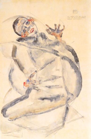 Self portrait in jail, 25 April 1912, "I shall endure for art and for the happiness of my lover" Egon Schiele.