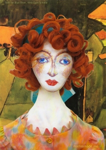 Portrait of Wally against the painting of 'Town on the Blue River', by Egon Schiele, 1910. Muse of Wally designed, sculpted, modelled and painted by Marina Elphick.