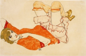 'Wally in a red blouse with raised knees', Watercolour, gouache, and pencil, by Egon Schiele 1913.