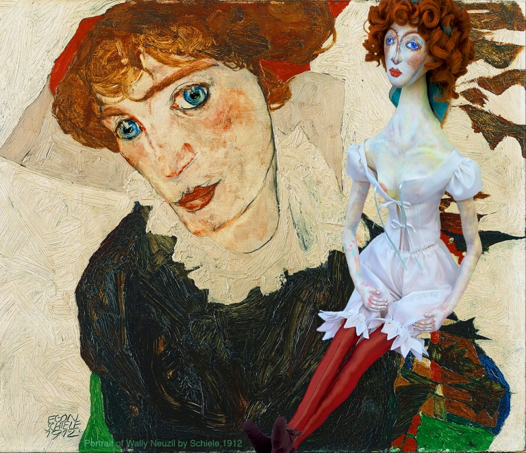 Portrait of Wally Neuzil 1912, by Egon Schiele, with Wally muse. Muse designed, sculpted, modelled and painted by Marina Elphick.