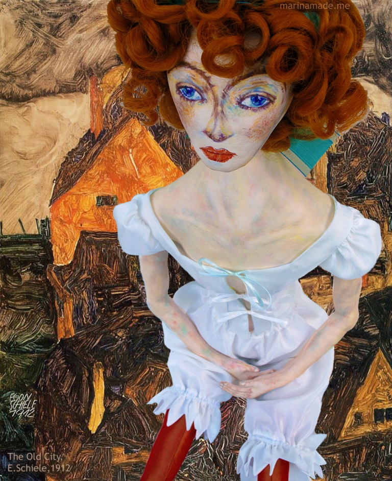 Muse, Wally Neuzil at 'The Old City', Egon Schiele, 1912. Wally muse designed, sculpted, modelled and painted by Marina Elphick.