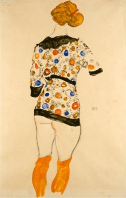 'Woman standing wearing a patterned blouse', 1912. Egon Schiele.