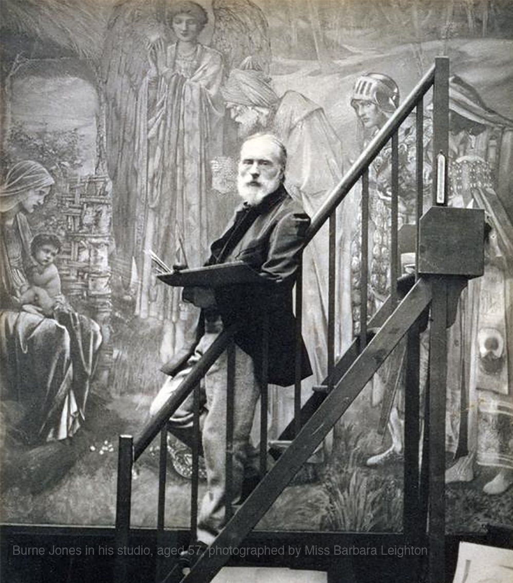 Edward Burne-Jones painting in his studio, aged 57, photographed by Miss Barbara Leighton.