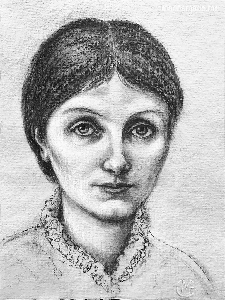 Charcoal drawing of Georgiana Burne-Jones, by Marina Elphick 2018.Georgiana Burne-Jones muse designed, sculpted, modelled and painted by Marina ElphickGeorgiana Burne-Jones muse designed, sculpted, modelled and painted by Marina Elphick. Marina's muses at marinamade.me