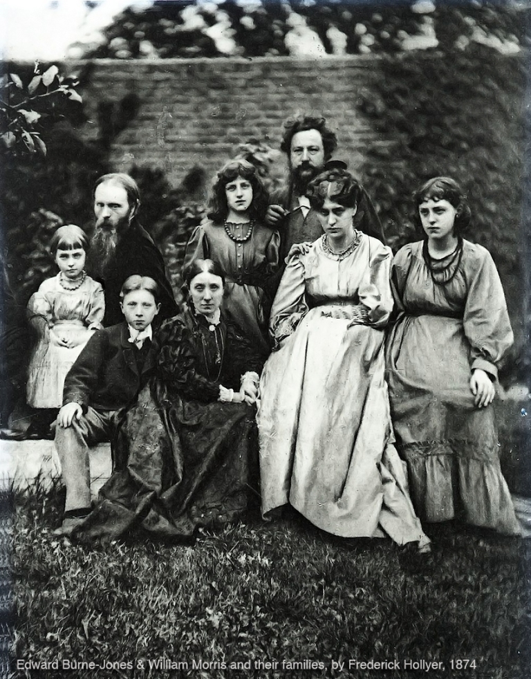 Edward Burne-Jones, William Morris and their families in 1874, photograph by Frederick Hollyer.
