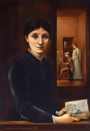 Burne-Jones' hauntingly beautiful portrait of his wife Georgiana, with their two children Margaret and Philip in the background,1883.Edward Burne-Jones.