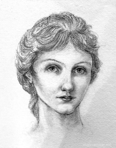 Drawing of a young Georgiana Burne-Jone, by Marina Elphick, 2018. Georgiana Burne-Jones muse designed, sculpted, modelled and painted by Marina ElphickGeorgiana Burne-Jones muse designed, sculpted, modelled and painted by Marina Elphick. Marina's muses at marinamade.me
