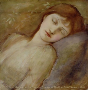 Margaret as sleeping beauty, study for "The Briar Rose"series, 1881 by Edward Burne-Jones.