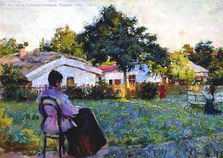 At the Dacha, a painting by Kyriakos Kostandi, Russian (1852 - 1921).